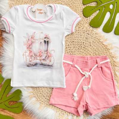 Conj. Blusa Carruagem e Short em Moletinho - Rosa e Branco